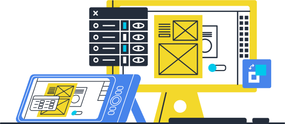 Illustrazione di alcuni computer con all'interno degli schemi